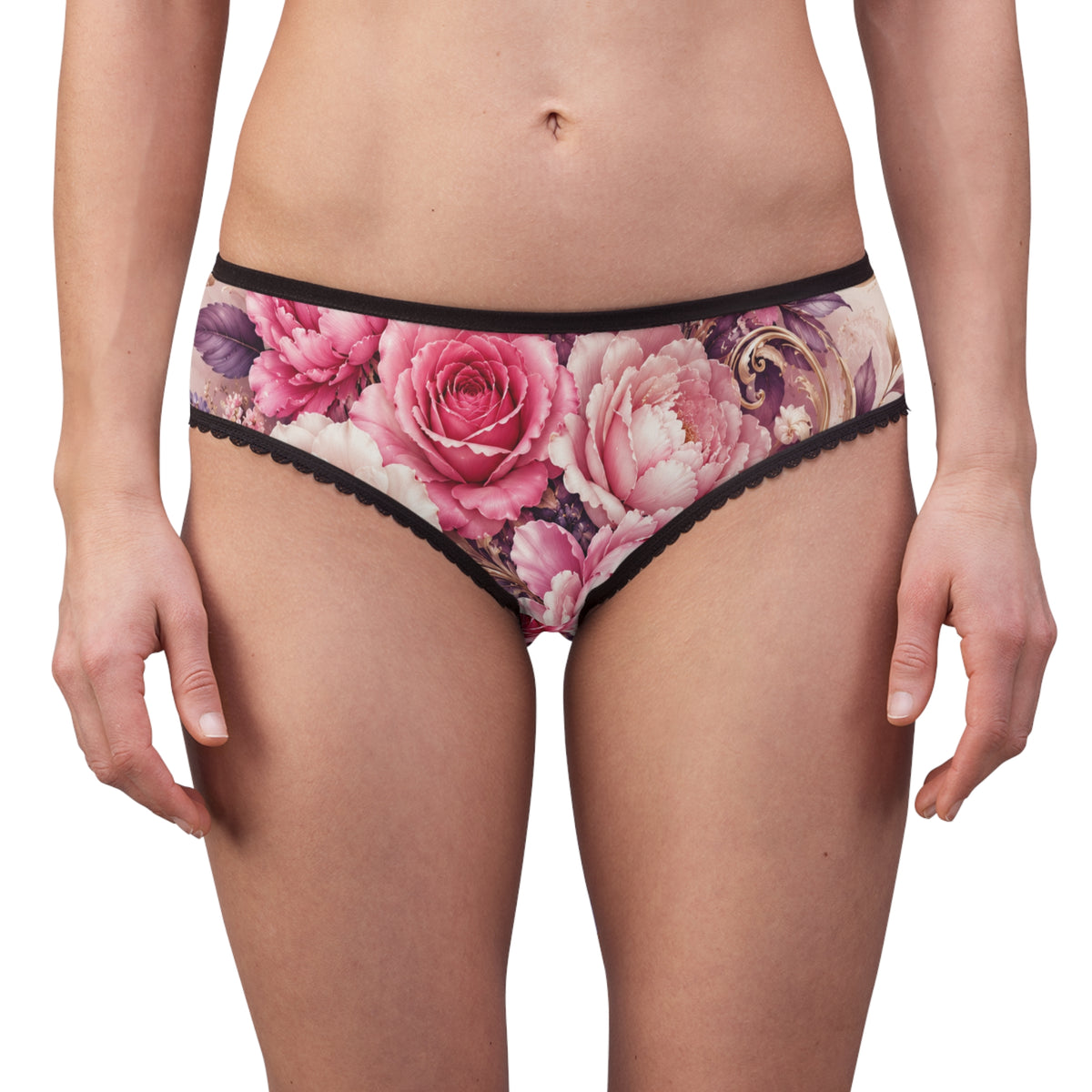 Floral Lace-Trim Women's Briefs — Pink Vintage Rose All-Over Print