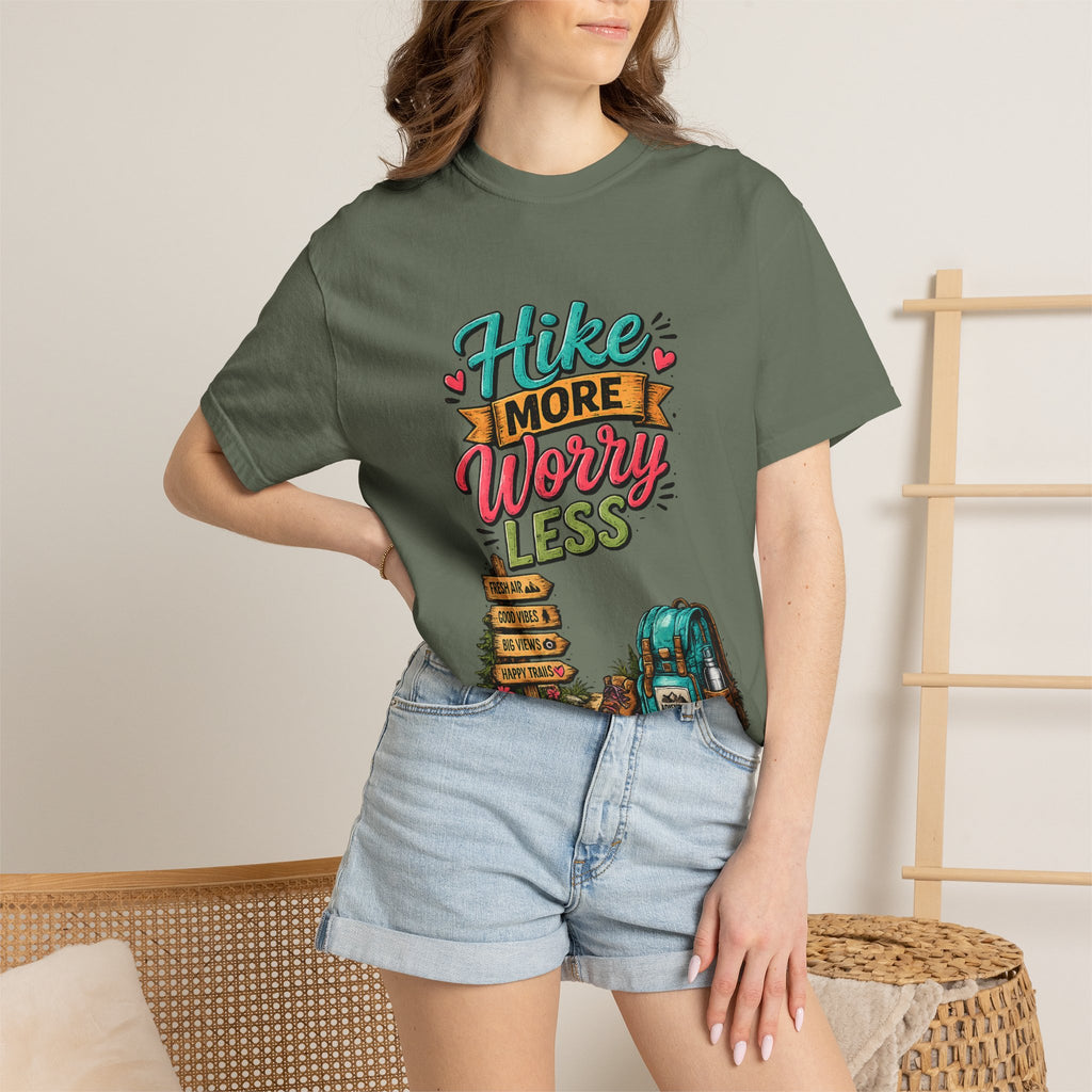 Hike More Worry Less T-Shirt | Hiking Backpack Trail Sign Tee