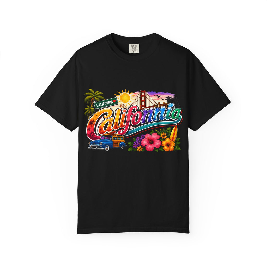 California Retro Sunset T-shirt | Golden Gate, Palm Trees & Surf