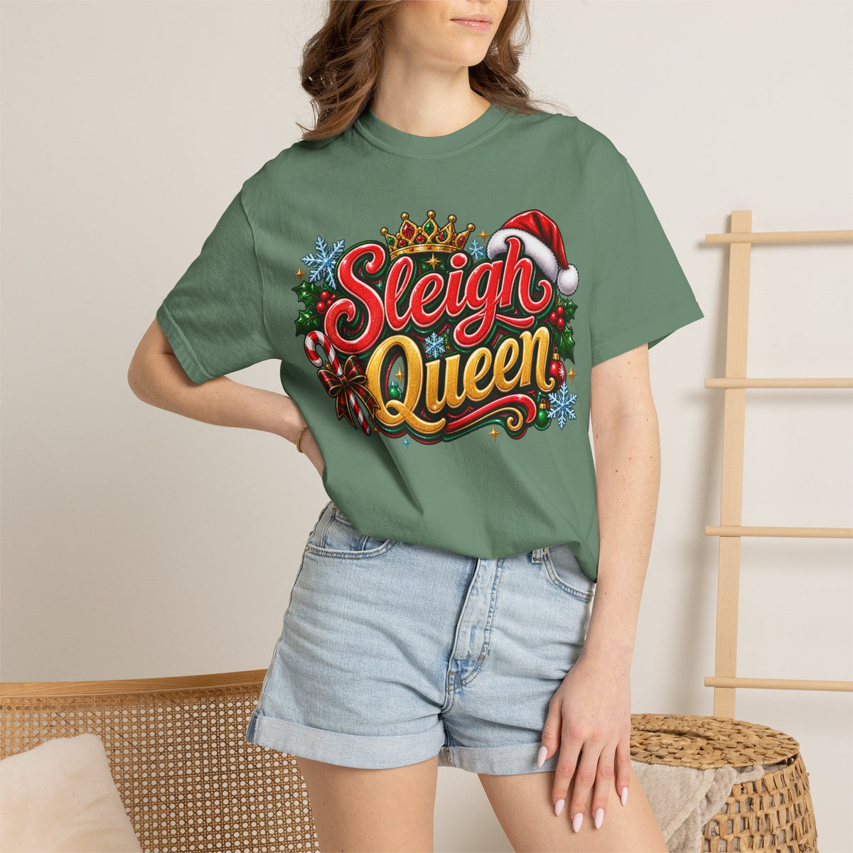 Sleigh Queen T-Shirt — Festive Christmas Holiday Tee with Santa Hat & Candy Cane Design