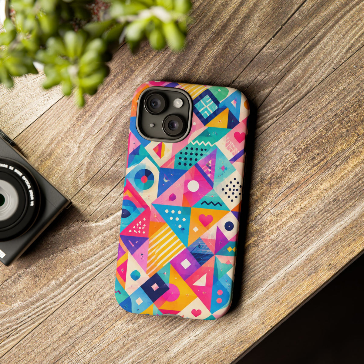Colorful Geometric Tough Phone Case — Bright Abstract Heart & Triangle Pattern