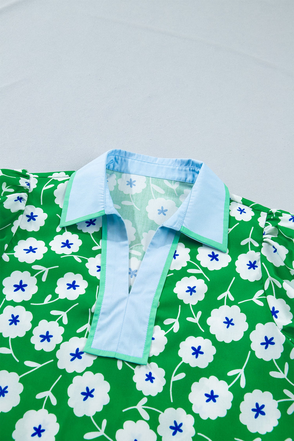 Flower Contrast Patchwork Collar Short Sleeve Blouse