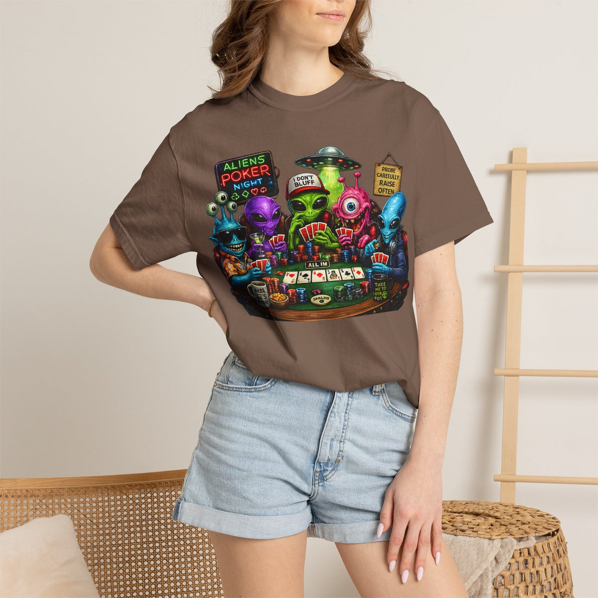 Aliens Poker Night T-shirt | Funny UFO Casino Card Game Design