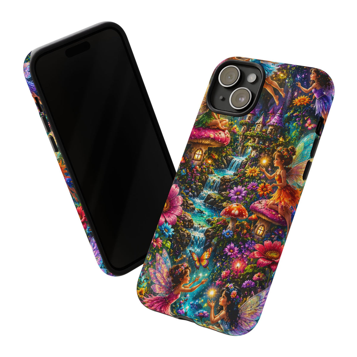 Fairy Garden Tough Phone Case — Whimsical Cottage, Waterfall & Mushroom Artwork