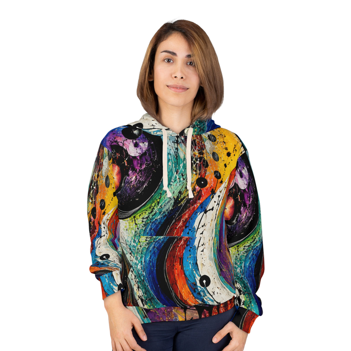Abstract Cosmic Waves Hoodie – Colorful All-Over Print Pullover