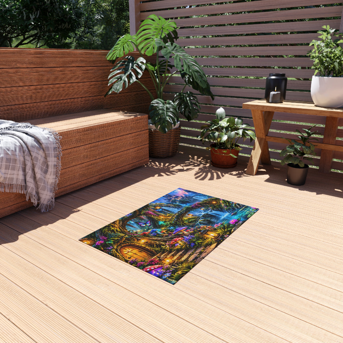 Fantasy Waterfall Outdoor Rug — Enchanted Forest Doorstep Mat