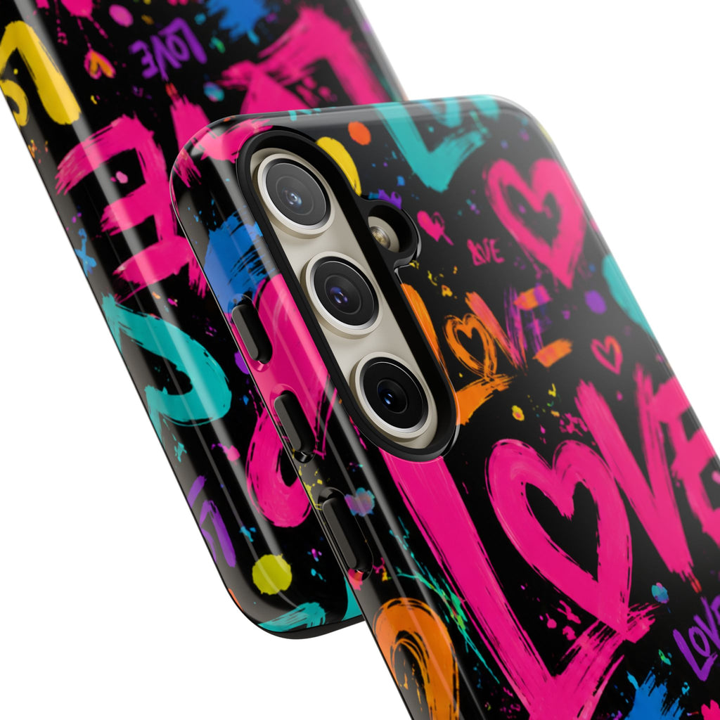 Phone Case — Neon Graffiti "Love" Hearts Protective Tough Case