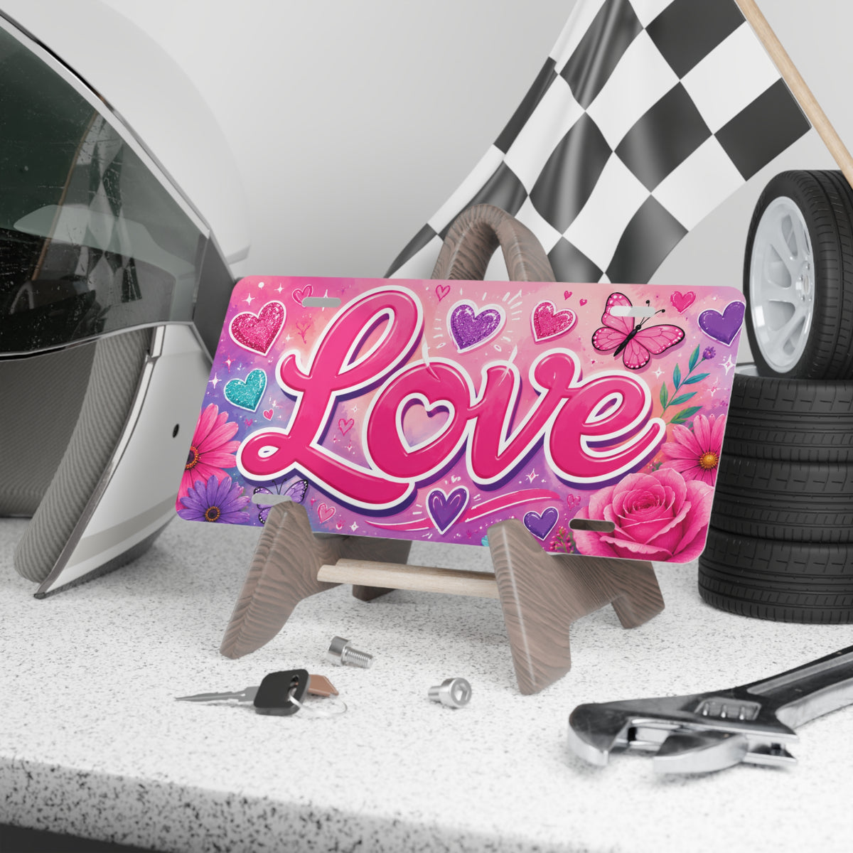 Love Script Vanity Plate | Pink Hearts, Flowers, Butterfly