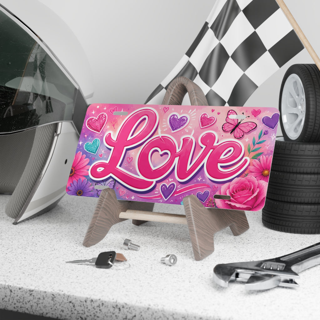 Love Script Vanity Plate | Pink Hearts, Flowers, Butterfly
