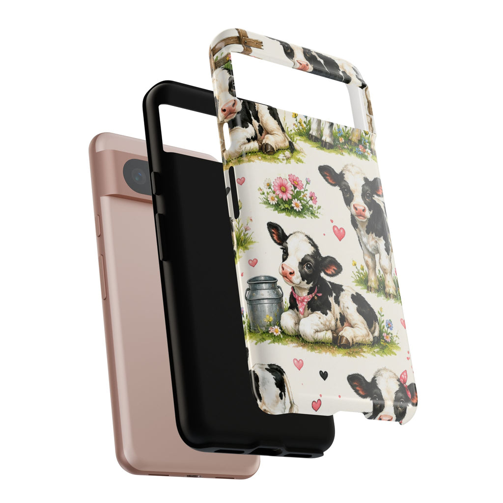 Cute Calf Pattern Phone Case – Pastel Cow Hearts & Flowers Protective Cover