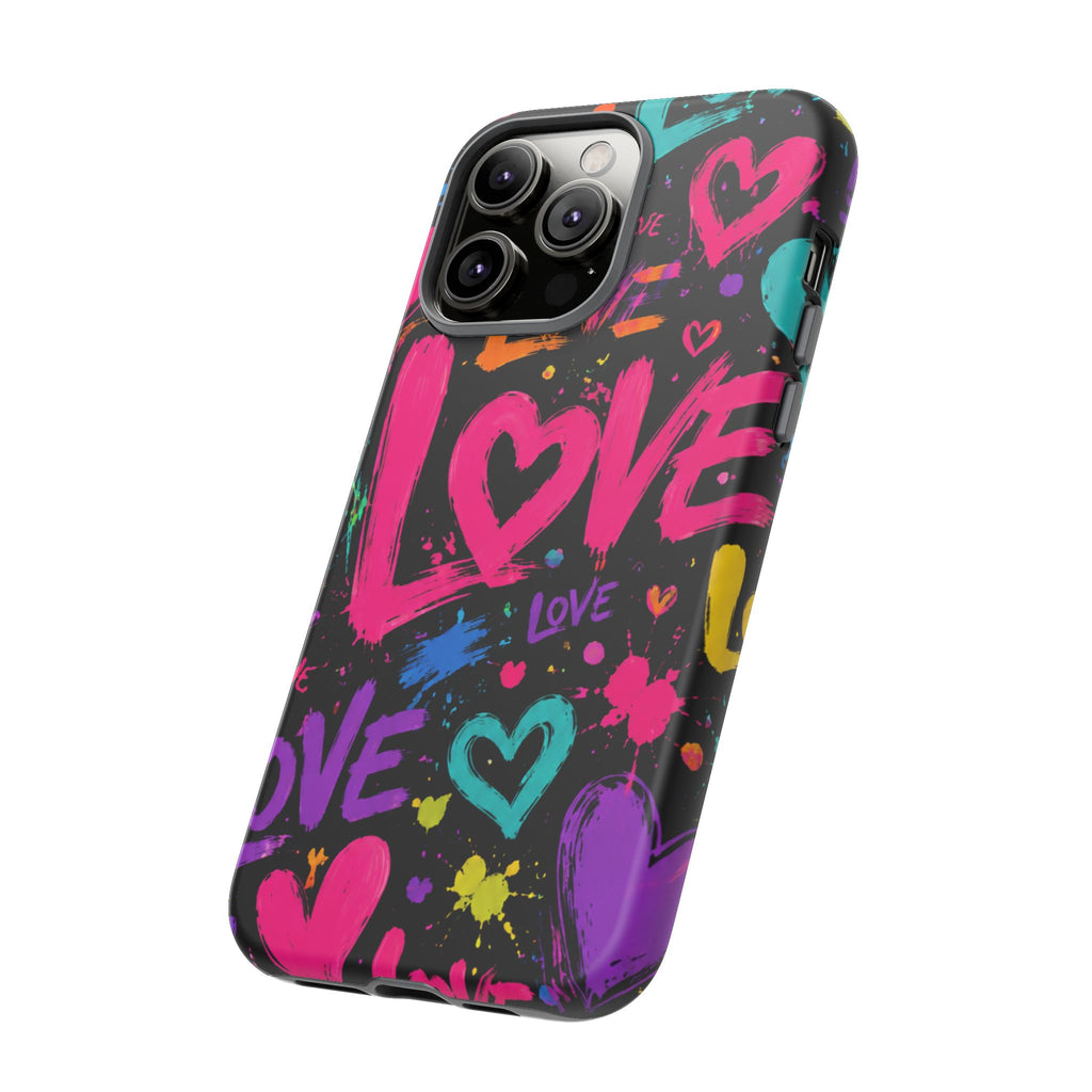 Phone Case — Neon Graffiti "Love" Hearts Protective Tough Case