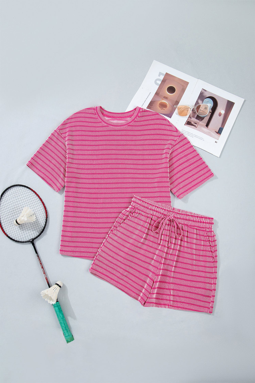 Stripe Corded Knit Tee & Drawstring Short Set
