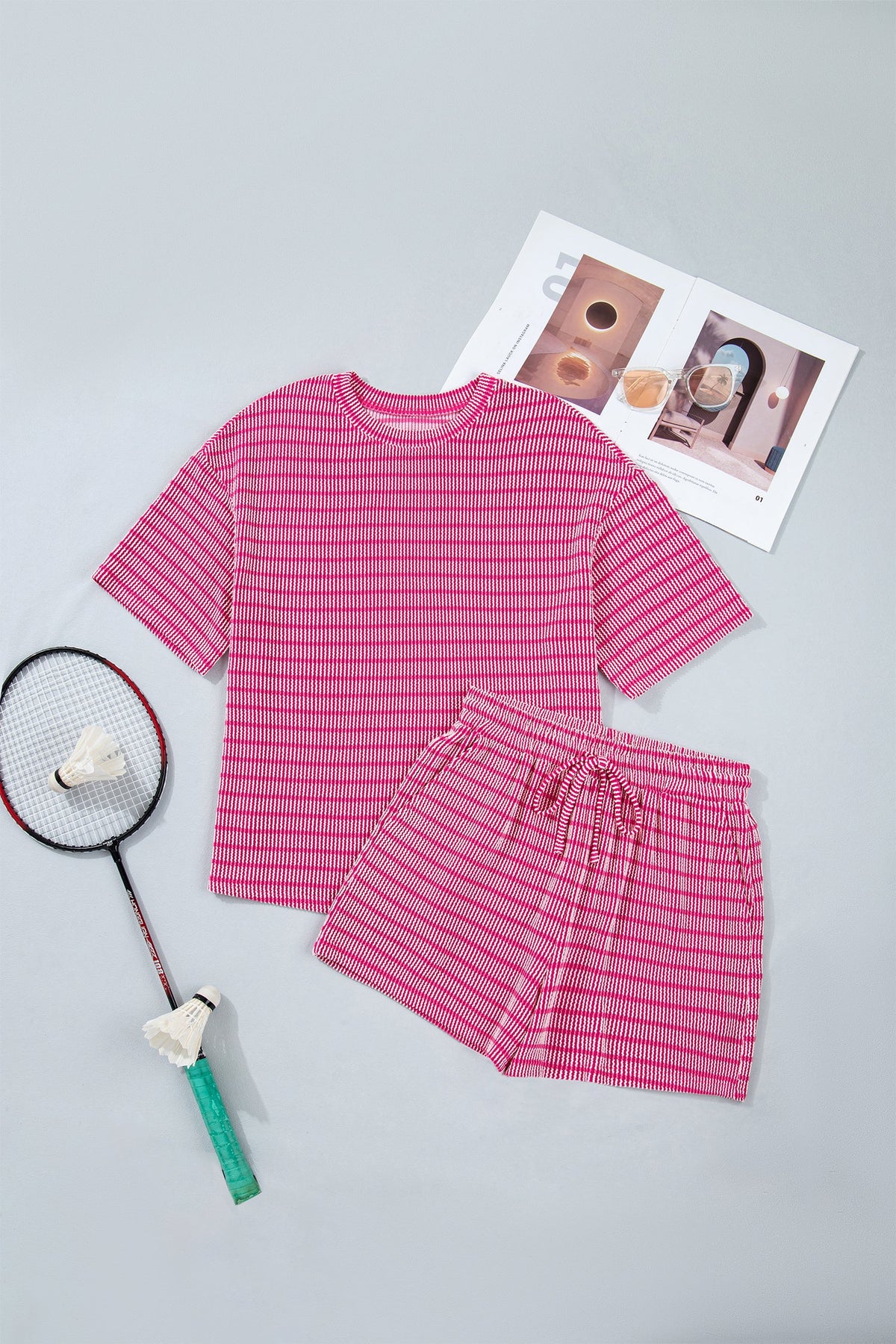 Stripe Corded Knit Tee & Drawstring Short Set