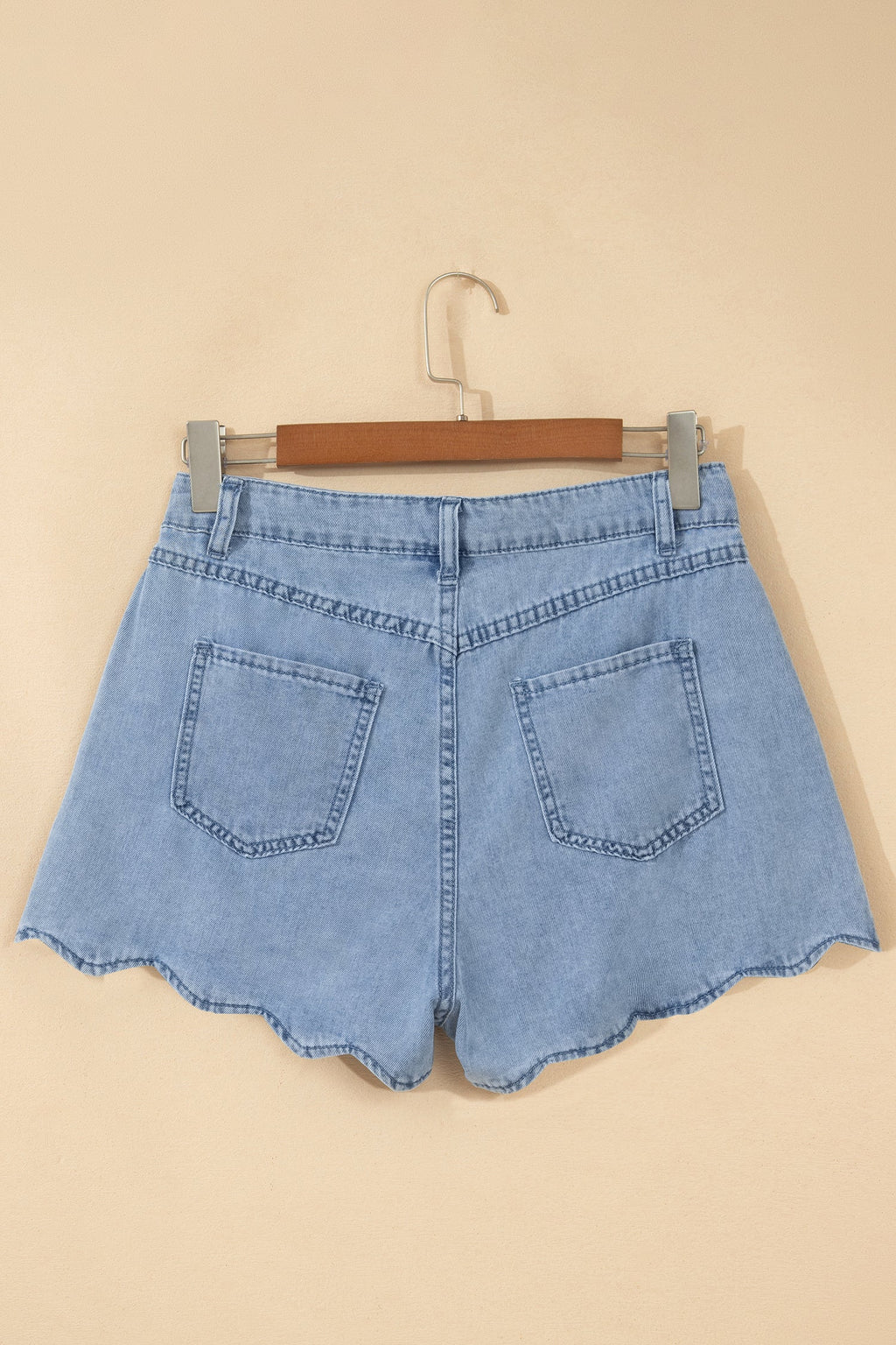 Solid Denim Scalloped Trim High Waist Shorts
