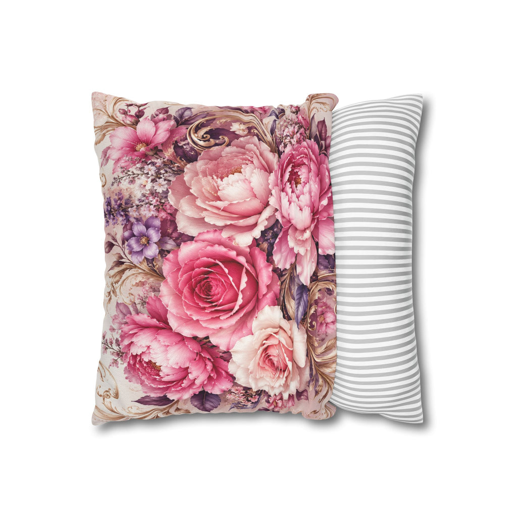 Floral Rose Pillowcase - Vintage Pink Garden Throw Pillow Cover