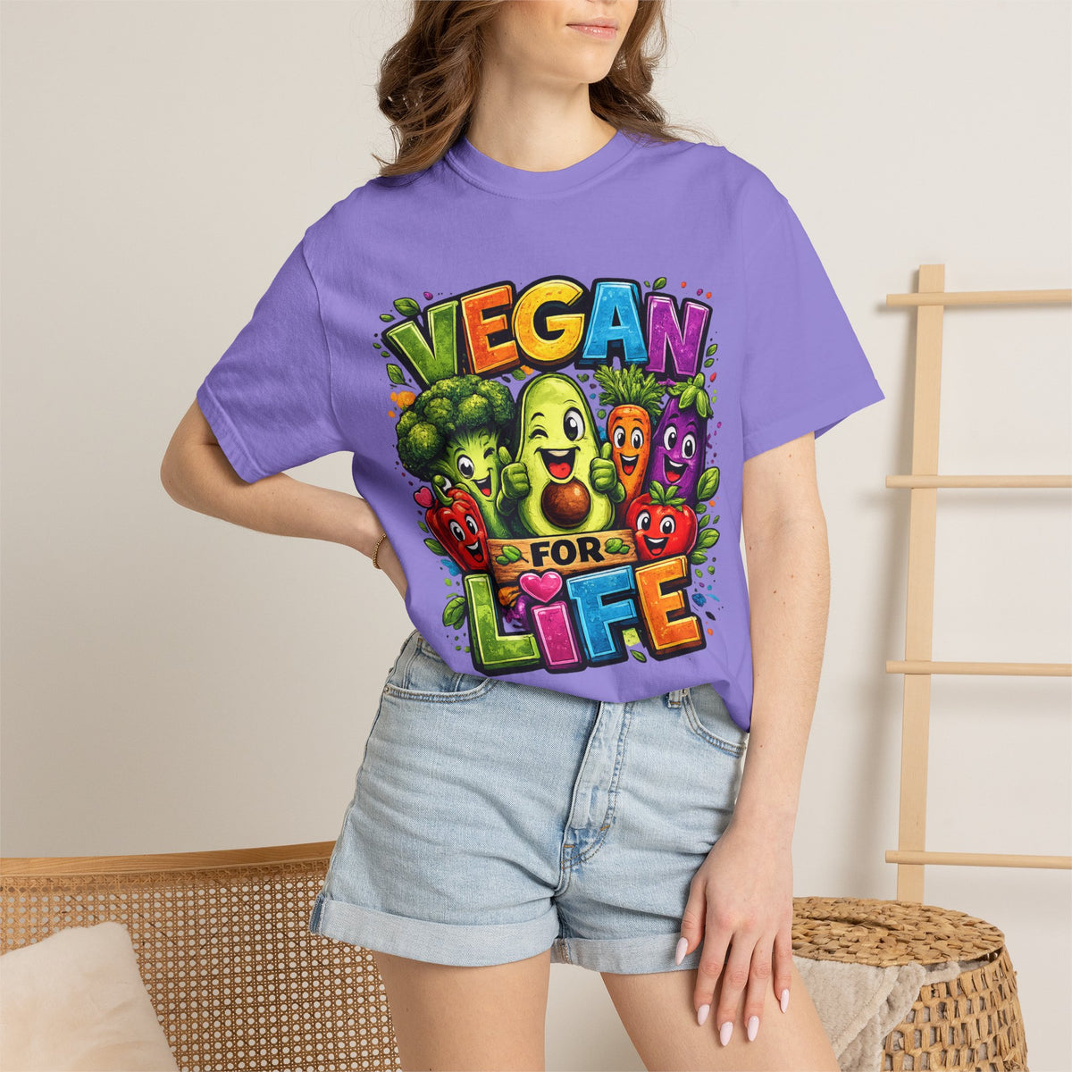Vegan for Life T-Shirt | Colorful Cartoon Veggies Tee