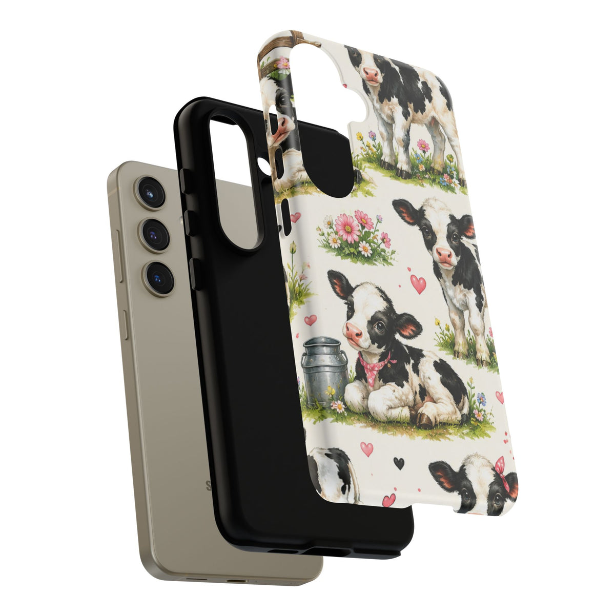 Cute Calf Pattern Phone Case – Pastel Cow Hearts & Flowers Protective Cover