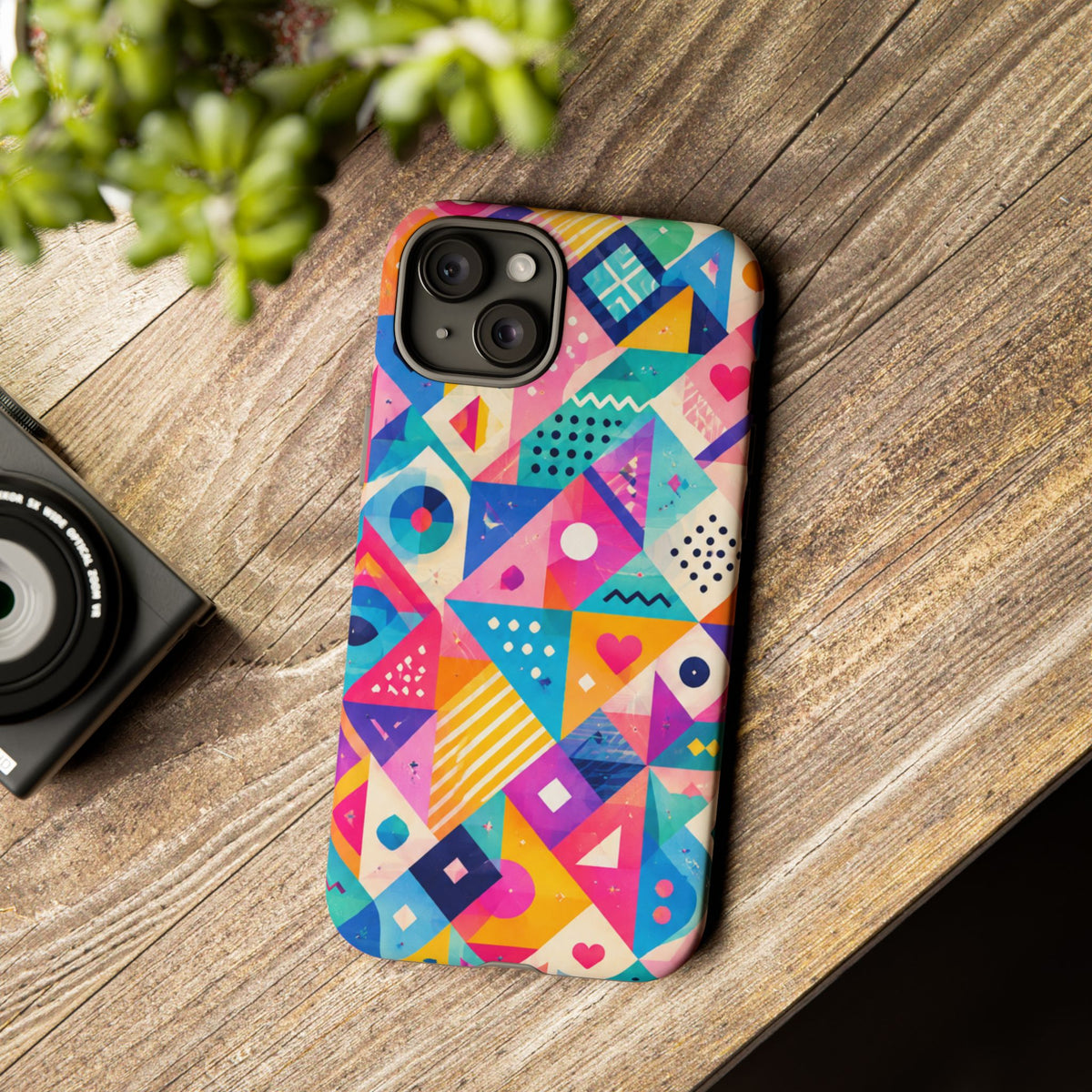 Colorful Geometric Tough Phone Case — Bright Abstract Heart & Triangle Pattern