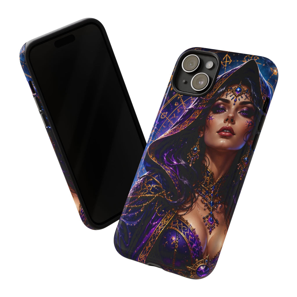 Phone Case — Mystical Sorceress Art Protective Tough Case (Astrology, Purple Hooded Witch)