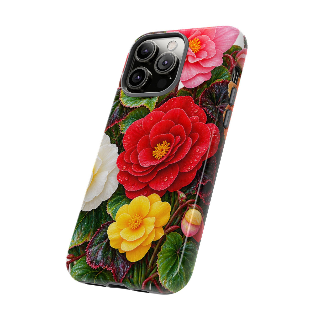 Floral Begonia Phone Case — Vibrant Red, Pink & Yellow Blossom Protective Cover