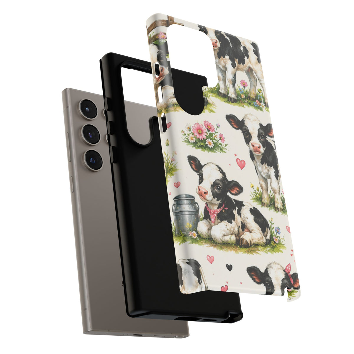 Cute Calf Pattern Phone Case – Pastel Cow Hearts & Flowers Protective Cover