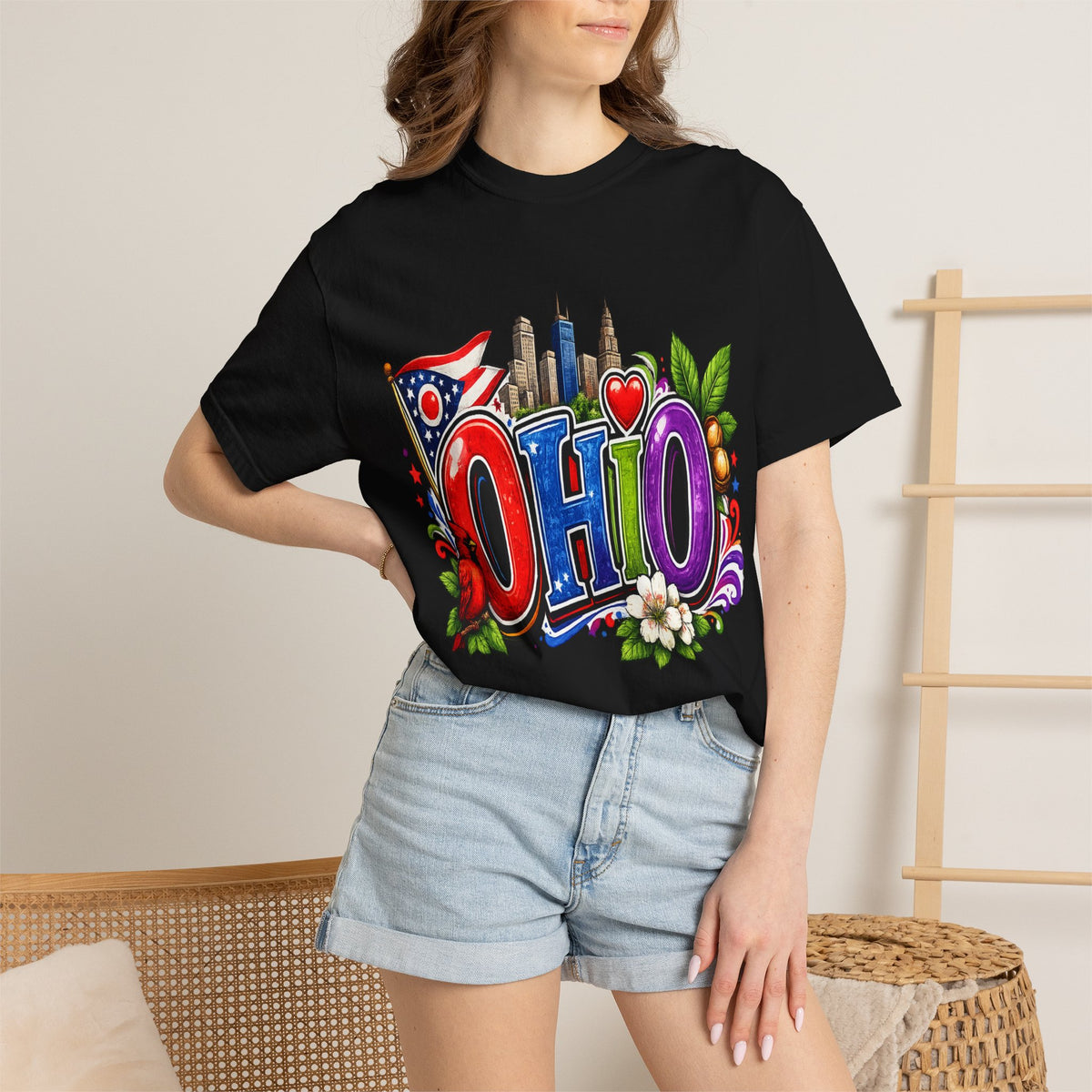 Ohio State Skyline Graphic T-shirt | State Flag Floral Design