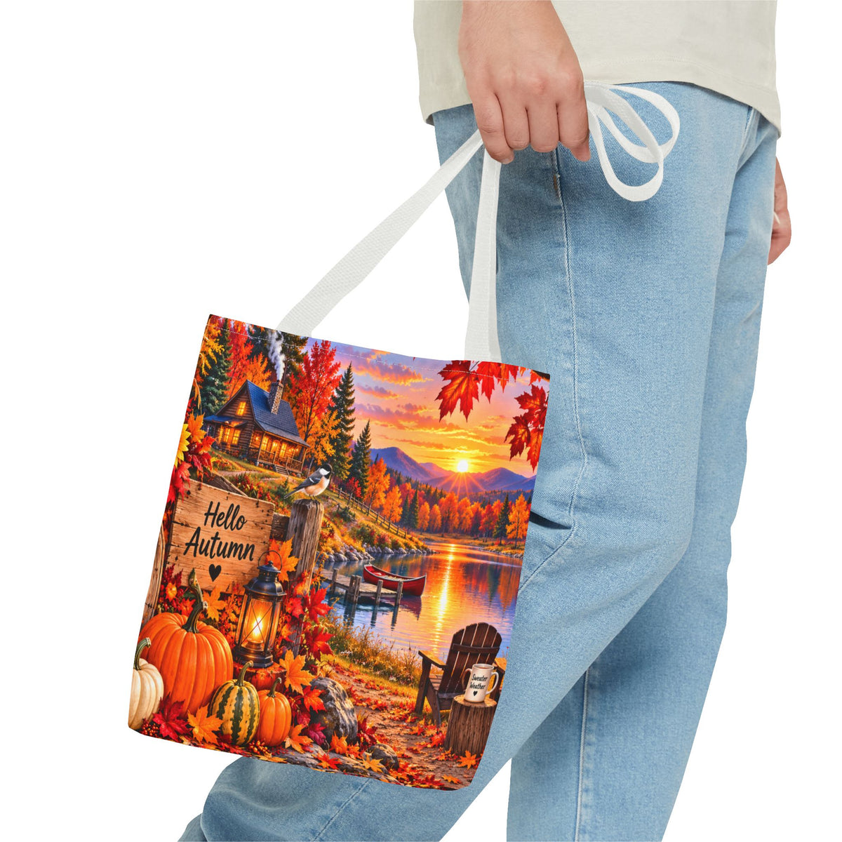 Autumn Lakeside Tote Bag — "Hello Autumn" Fall Cabin Sunset Design