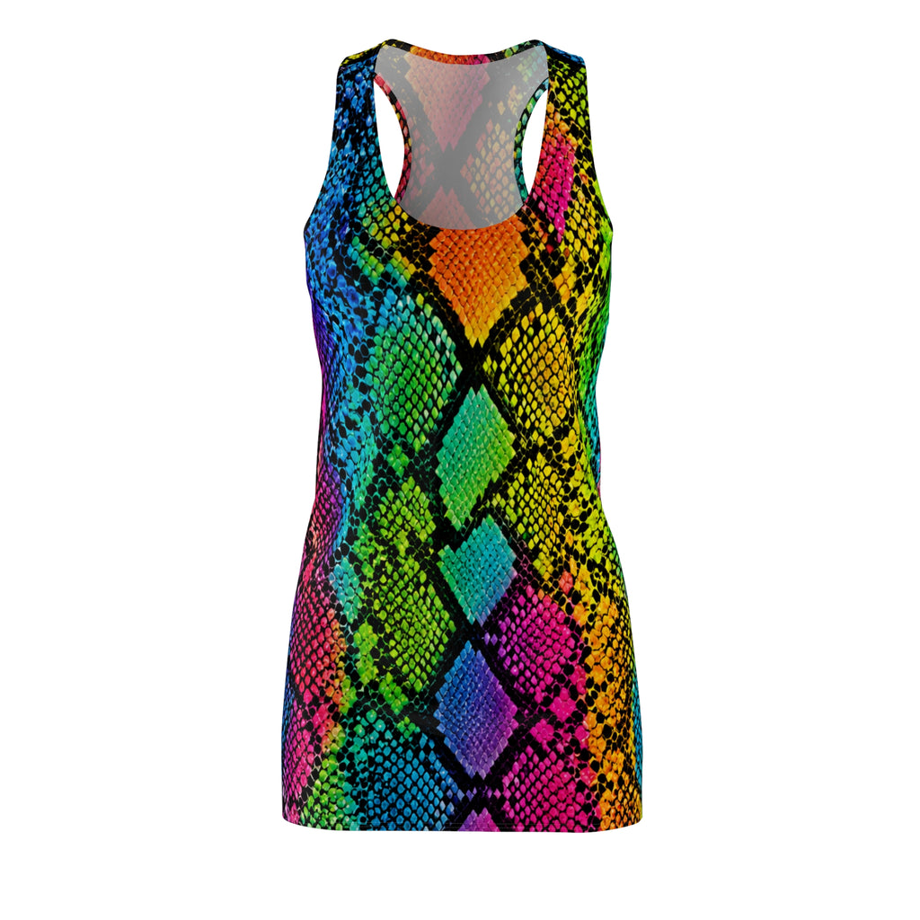 Rainbow Snakeprint Racerback Dress — Vibrant All-Over-Print Bodycon