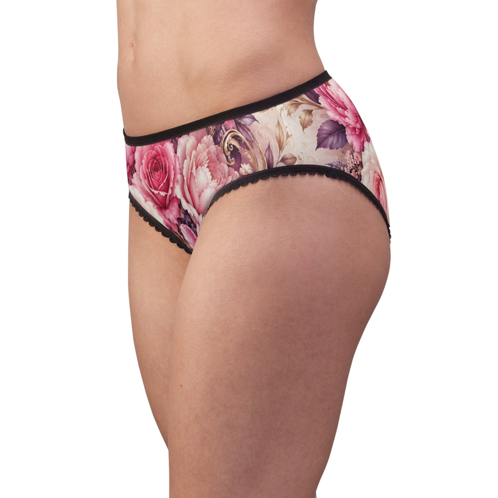 Floral Lace-Trim Women's Briefs — Pink Vintage Rose All-Over Print