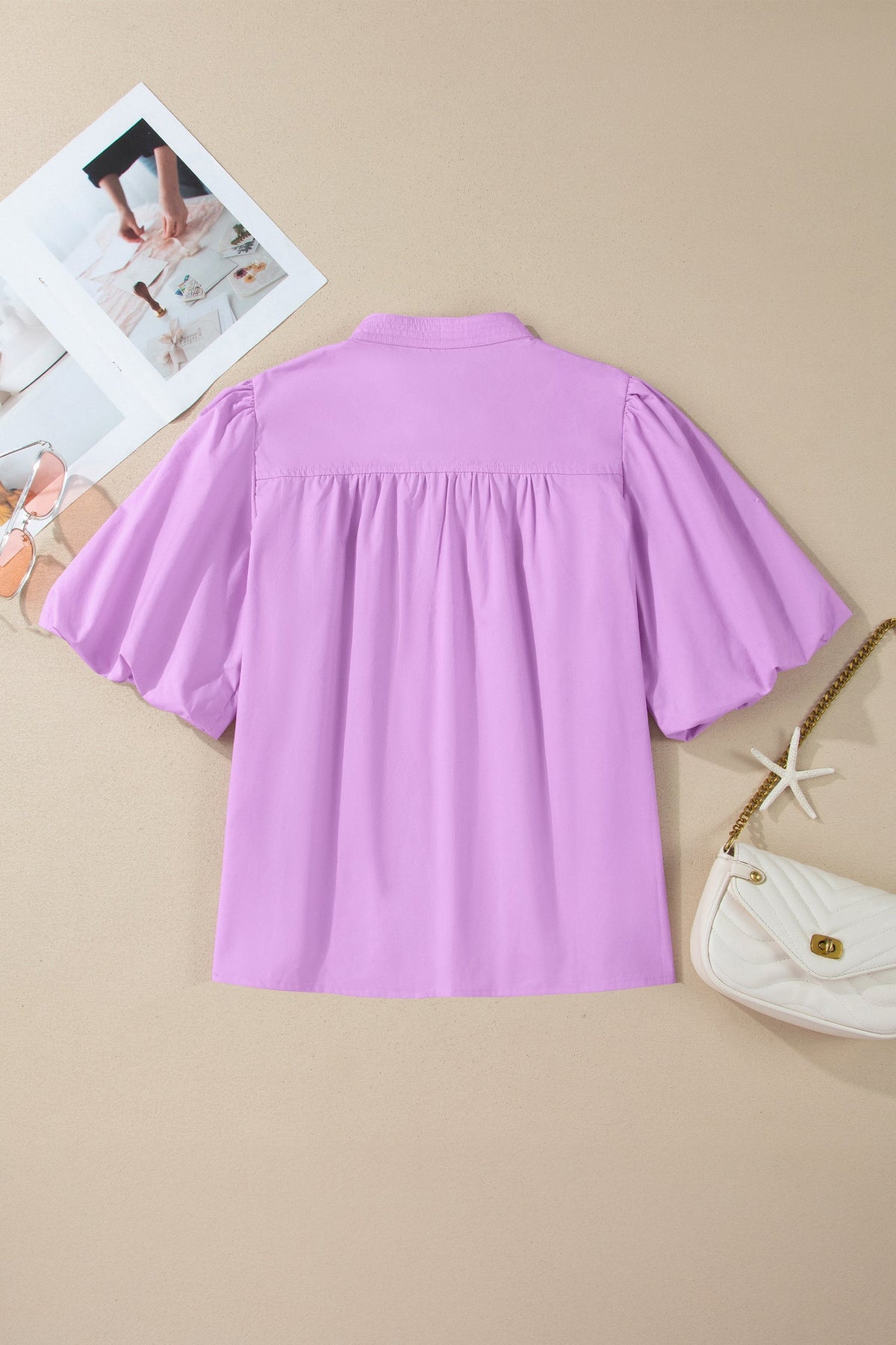Solid Stitched V-Neck Short Puff Sleeve Blouse