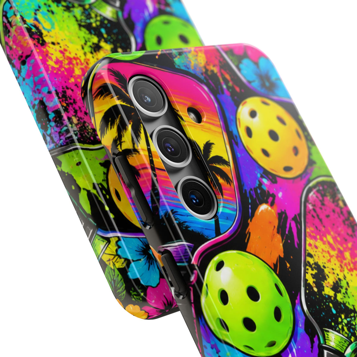 Pickleball Splash Tough Phone Case — Neon Paddle & Ball Protective Cover
