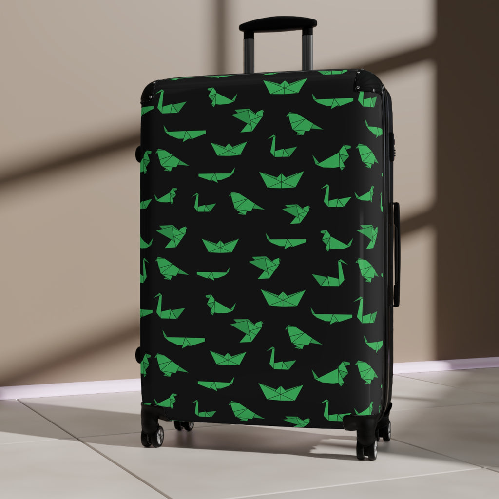 Green Paper Boat Pattern Suitcase — Lightweight Travel Luggage with Origami Boats