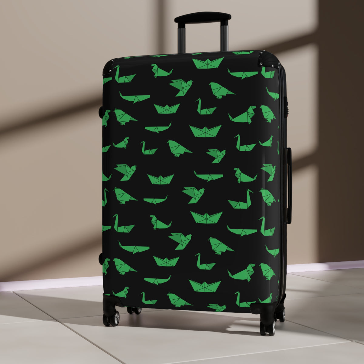 Green Paper Boat Pattern Suitcase — Lightweight Travel Luggage with Origami Boats