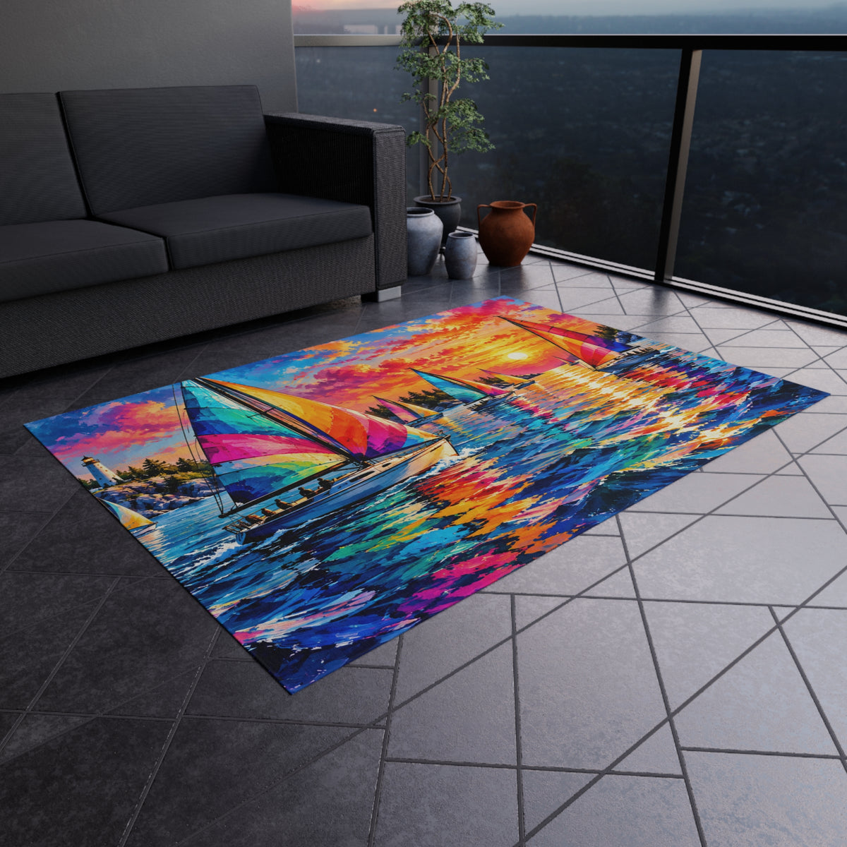 Sailboat Sunset Outdoor Rug — Colorful Nautical Patio Mat
