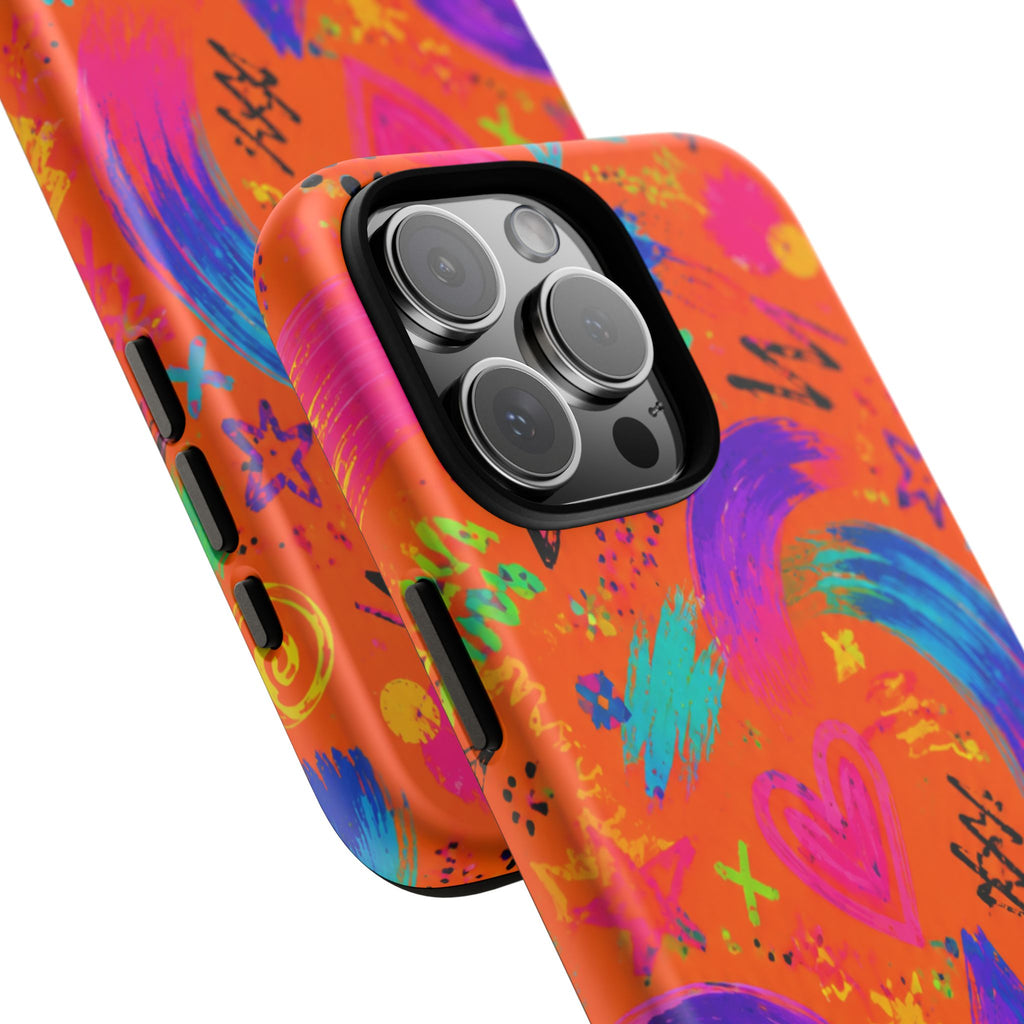Colorful Neon Doodle Phone Case — Bright Abstract Stars & Hearts Tough Case