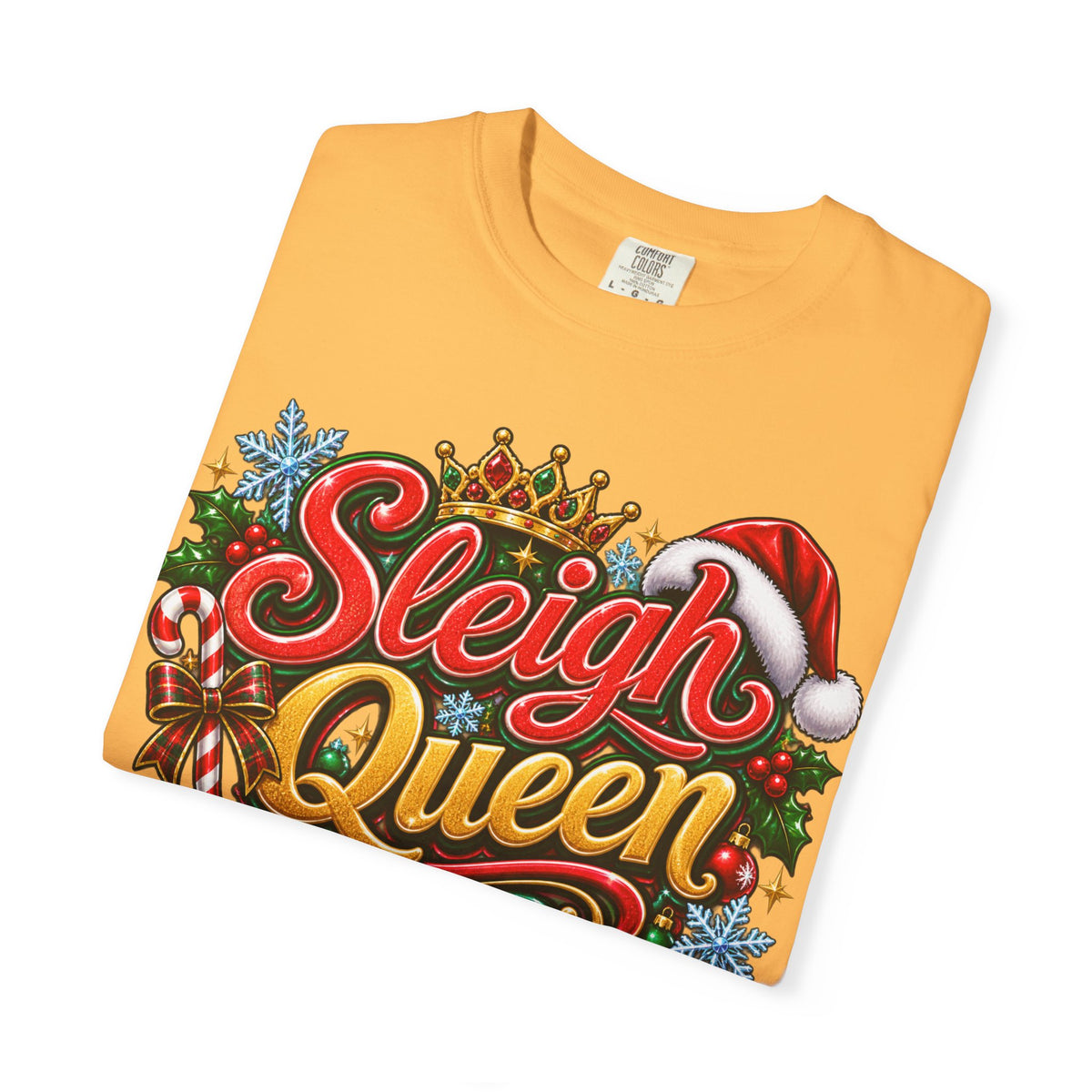 Sleigh Queen T-Shirt — Festive Christmas Holiday Tee with Santa Hat & Candy Cane Design