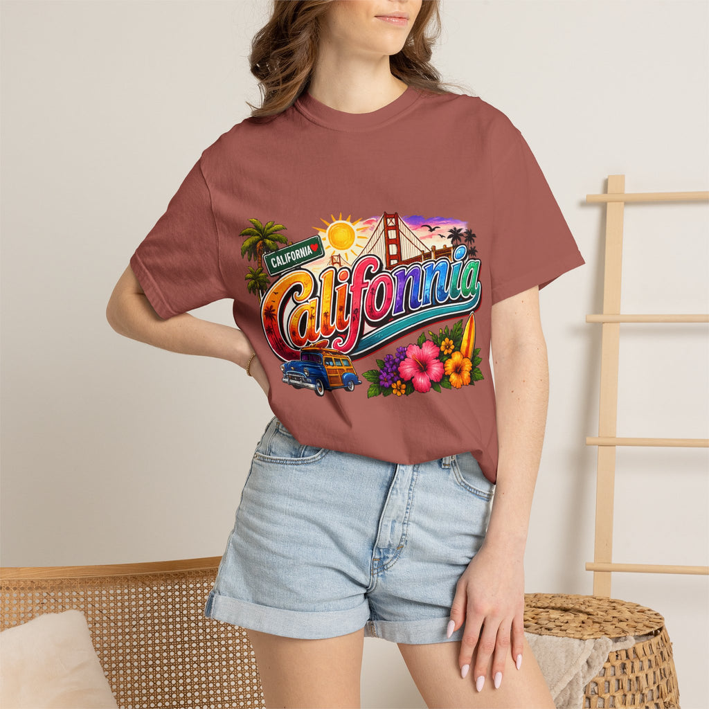 California Retro Sunset T-shirt | Golden Gate, Palm Trees & Surf