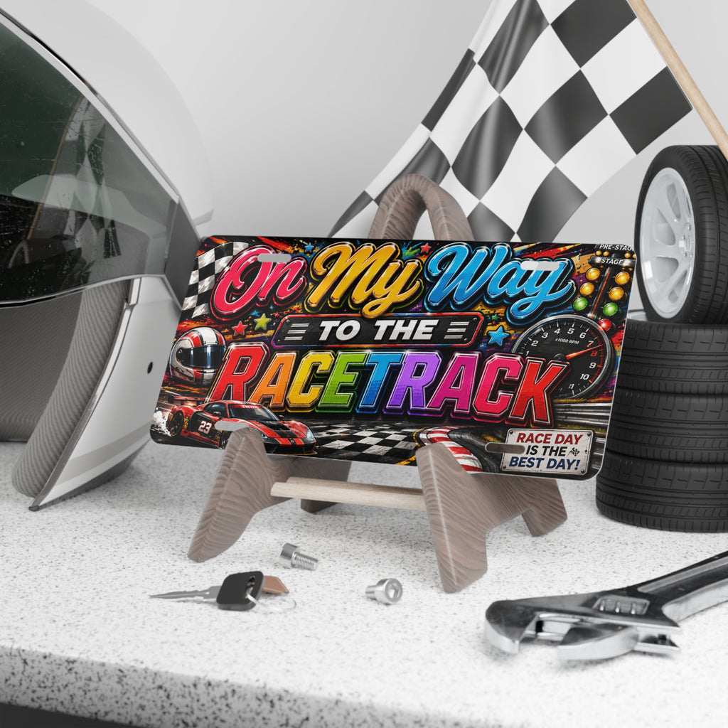 On My Way to the Racetrack Vanity Plate | Racing Helmet, Checkered Flag