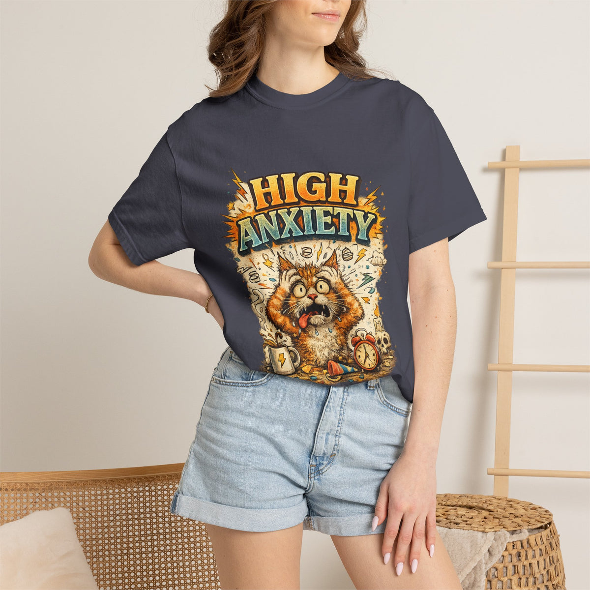 High Anxiety Cat Illustration T-shirt | Nervous Kitty Graphic Tee