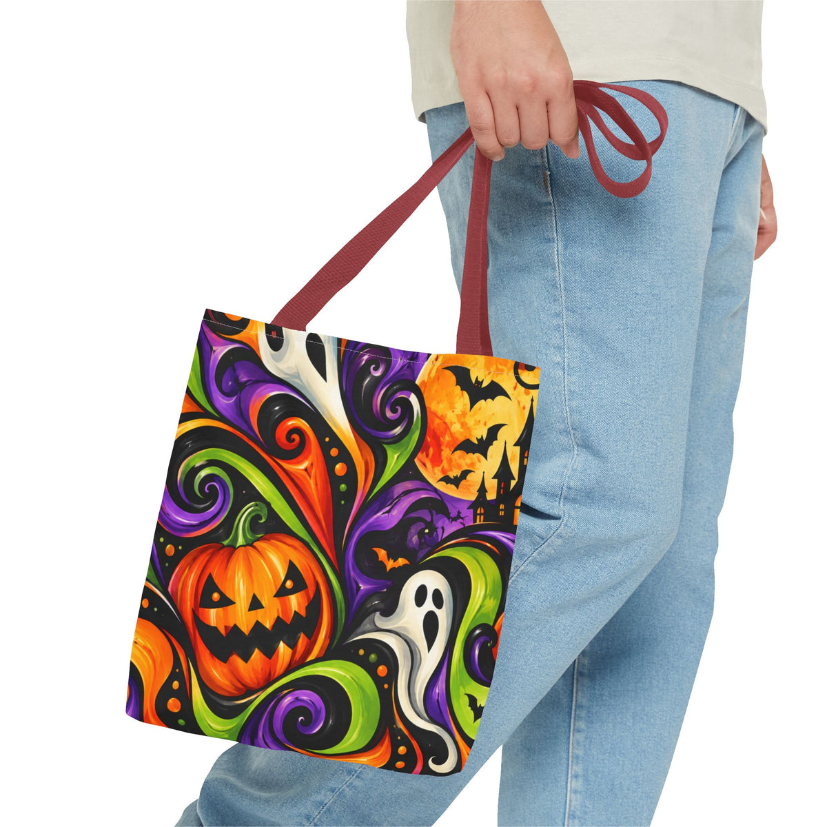 Halloween Swirl Tote Bag — Colorful Pumpkin & Ghost Trick-or-Treat Tote