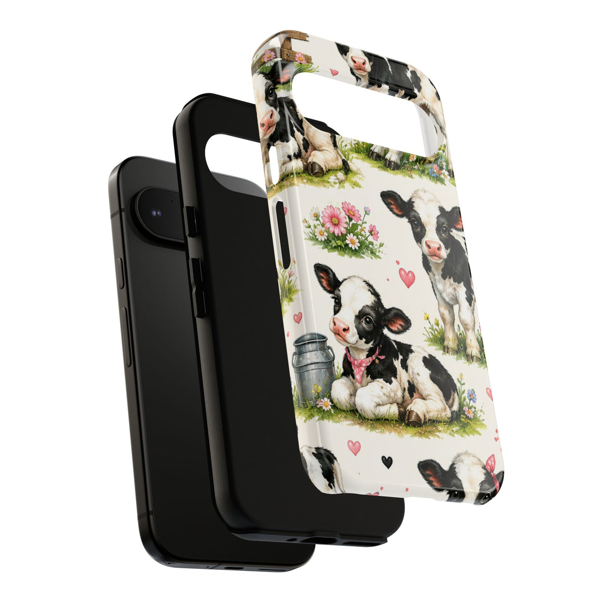 Cute Calf Pattern Phone Case – Pastel Cow Hearts & Flowers Protective Cover