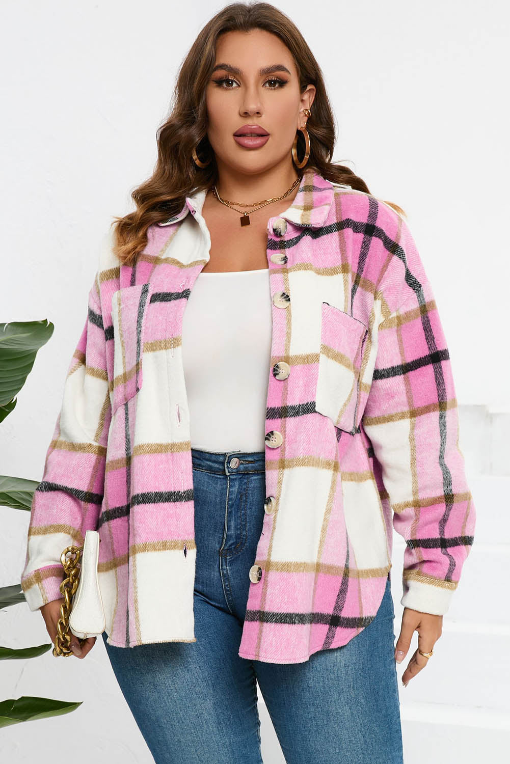 Plaid Button-Up Long Sleeve Pocketed Shacket