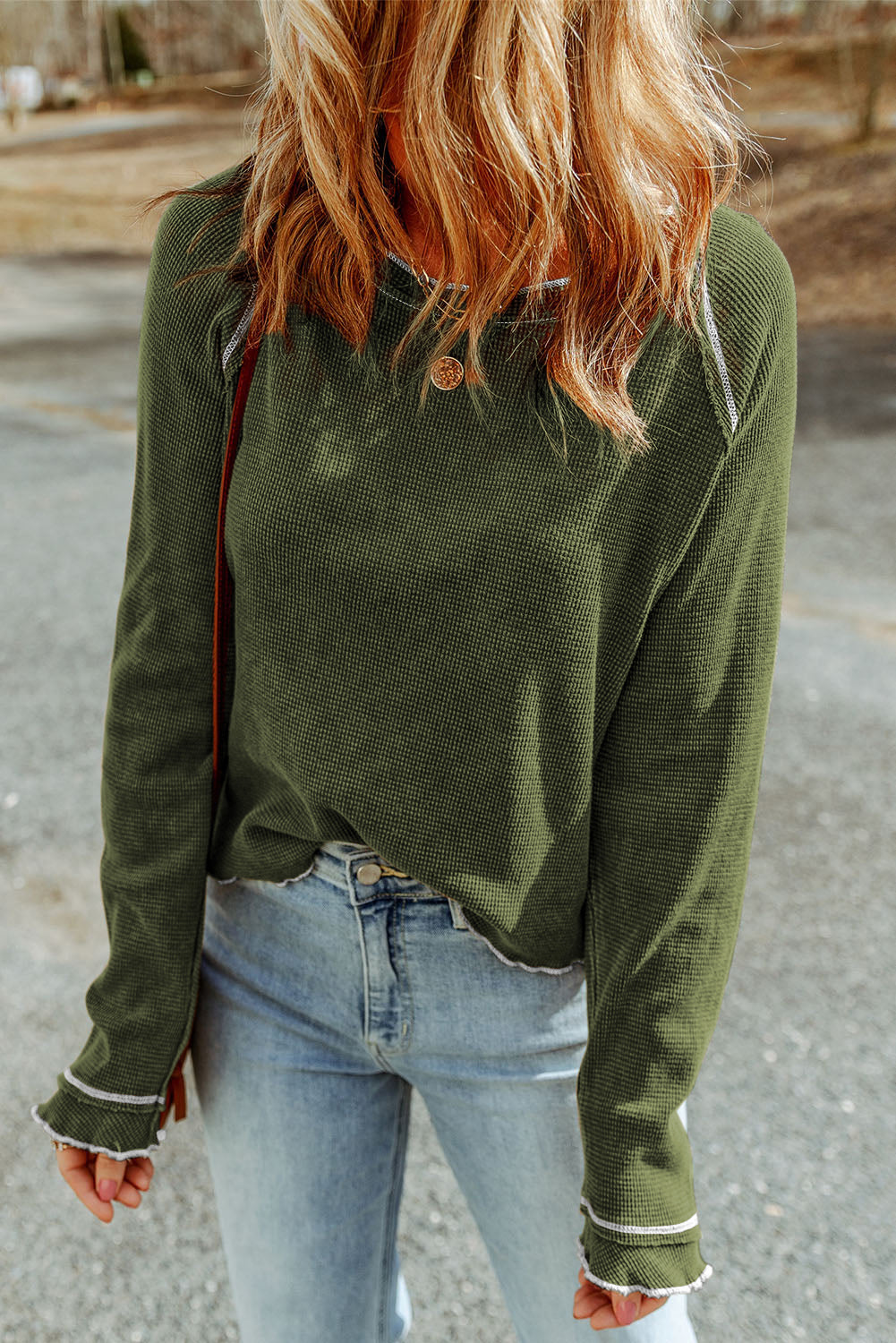 Solid Waffle Knit Round Neck Long Sleeve Top