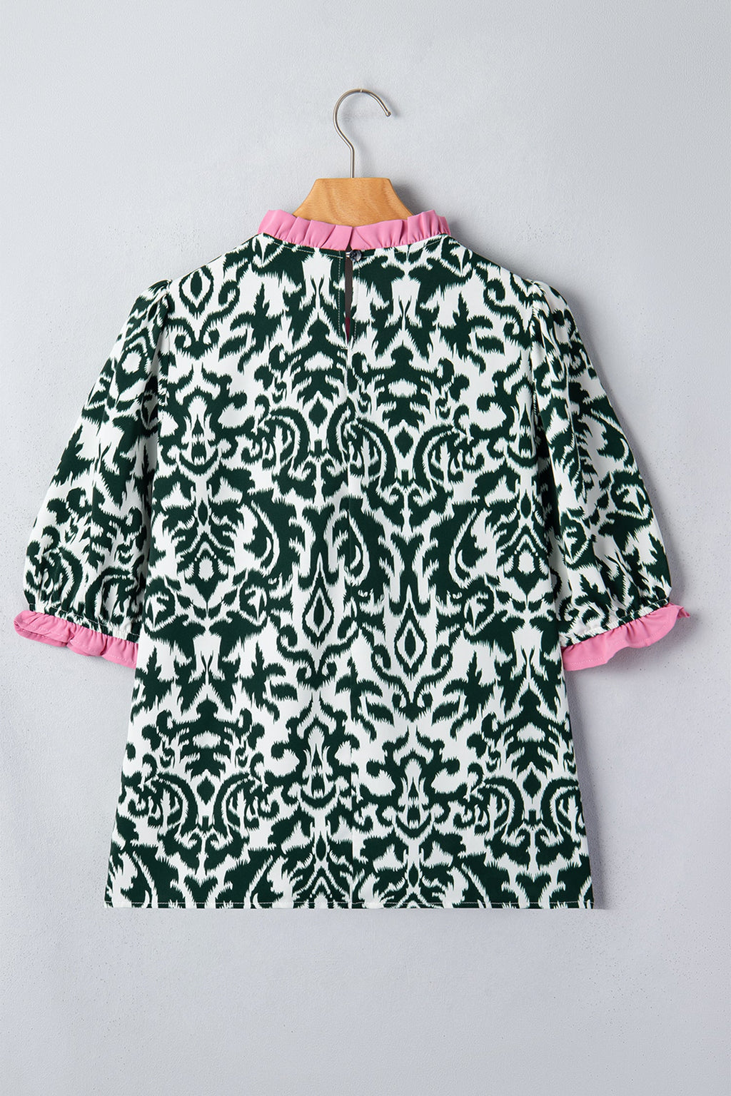 Damask Colorblock Ruffle Trim Short Sleeve Blouse