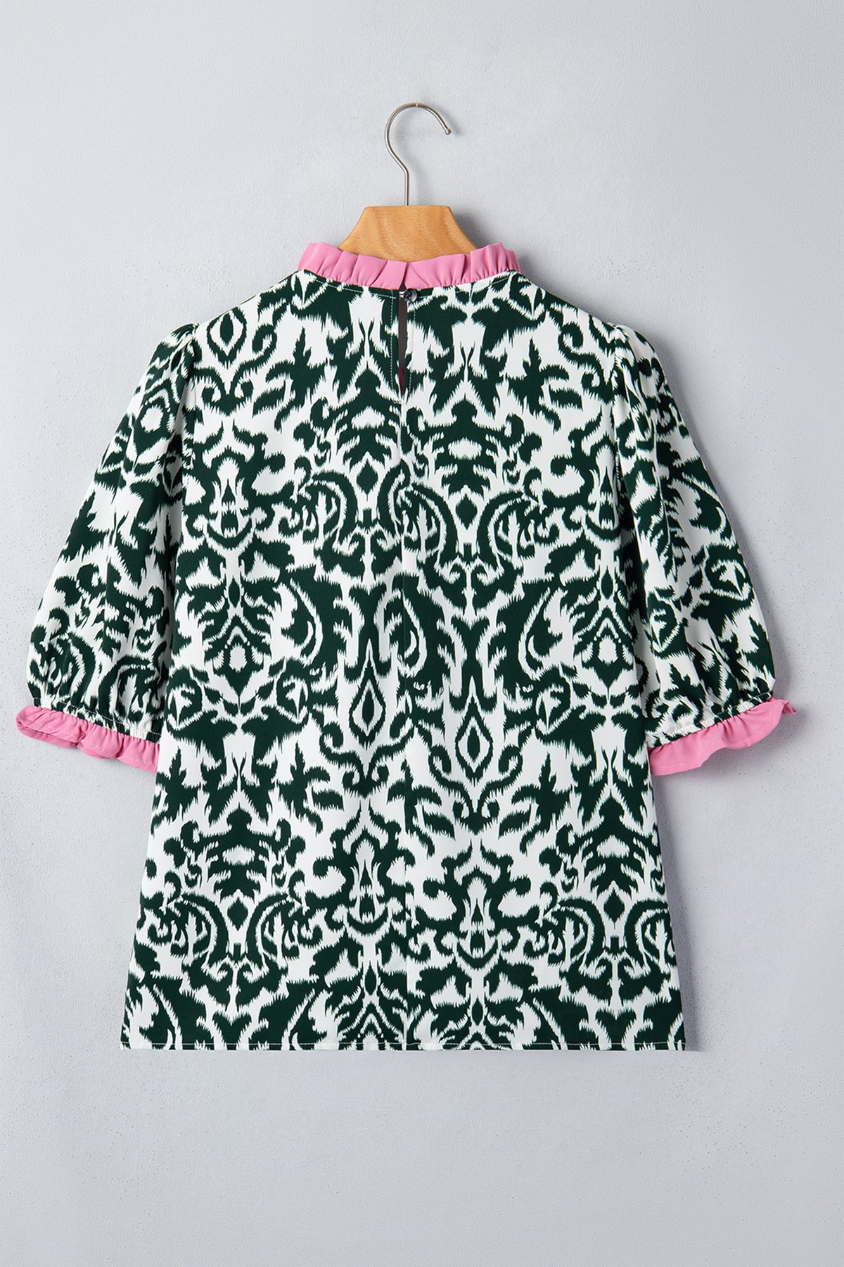 Damask Colorblock Ruffle Trim Short Sleeve Blouse