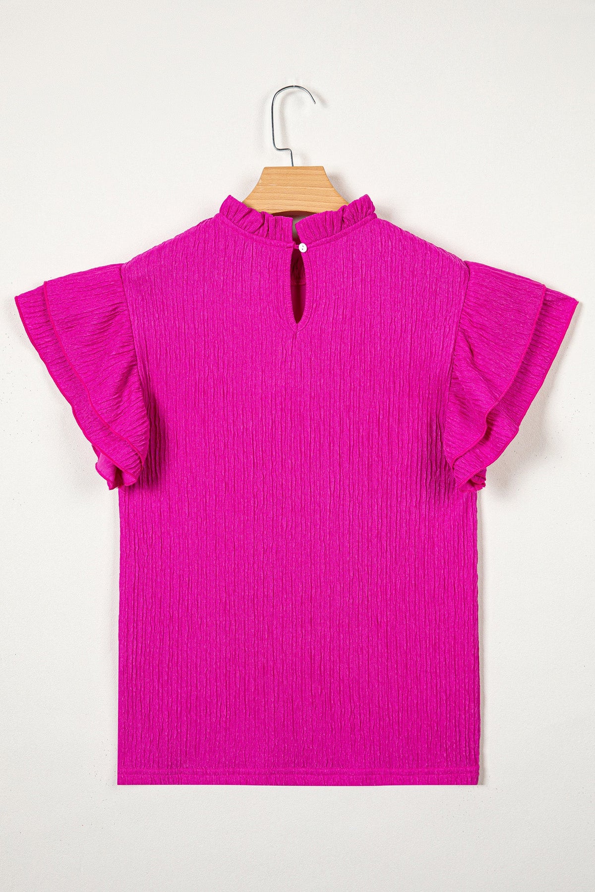 Solid Textured Ruffle Trim Short Sleeve Blouse