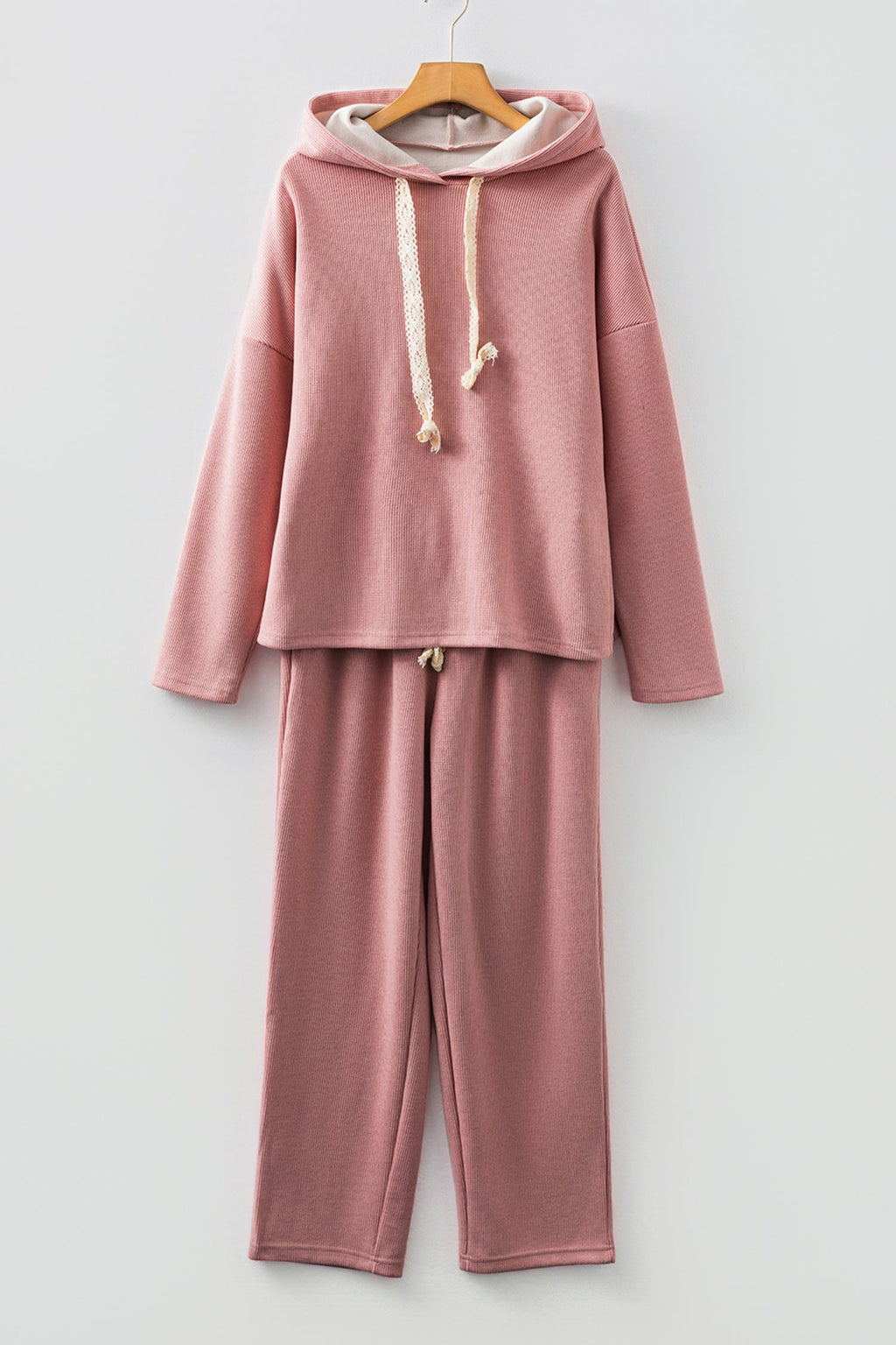 Solid Corduroy Contrast Drawstring Hoodie & Pants Set