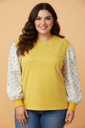 Plus Size Stripe Floral Patchwork Long Sleeve Top