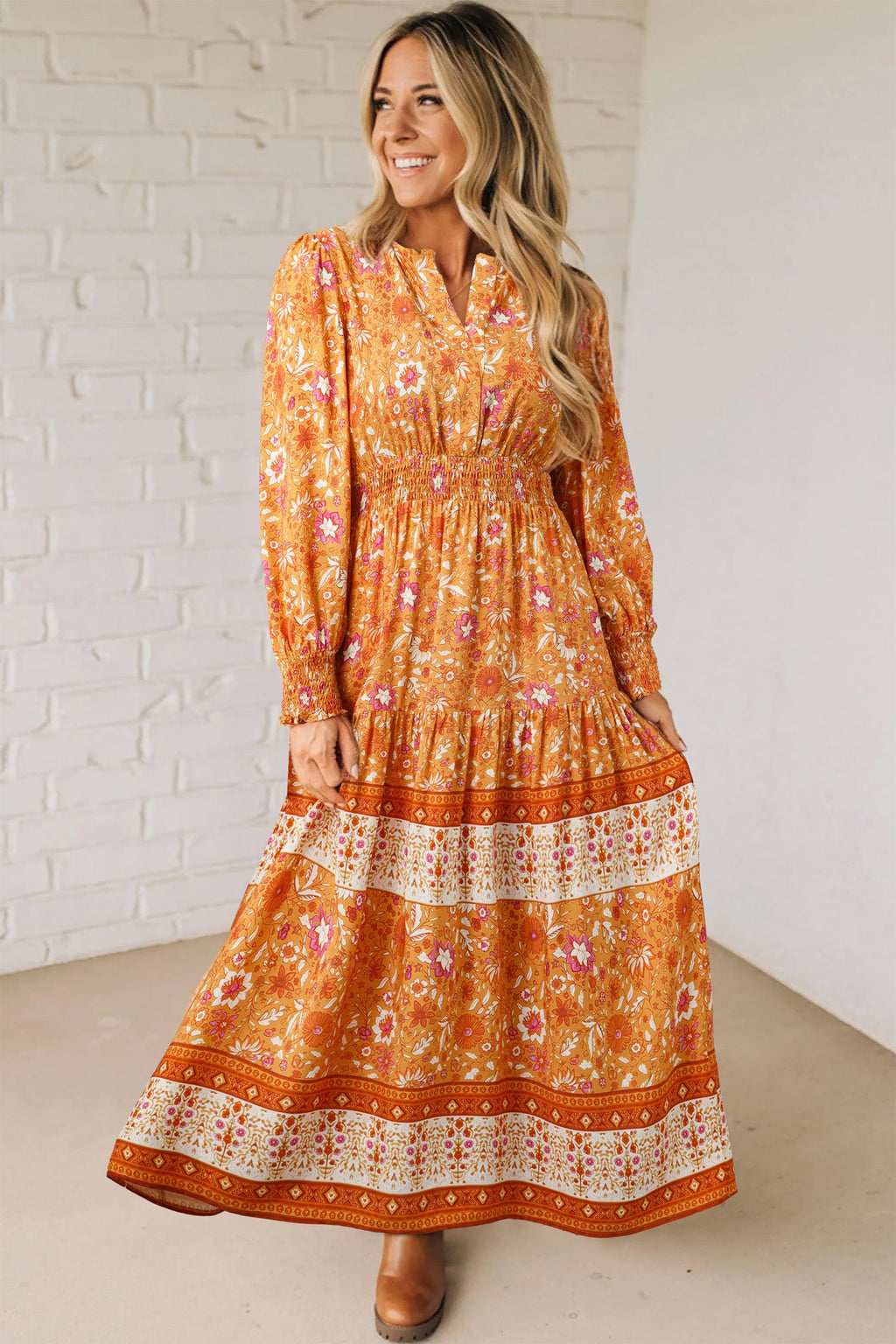 Boho Floral Smocked Waist Long Sleeve Maxi Dress
