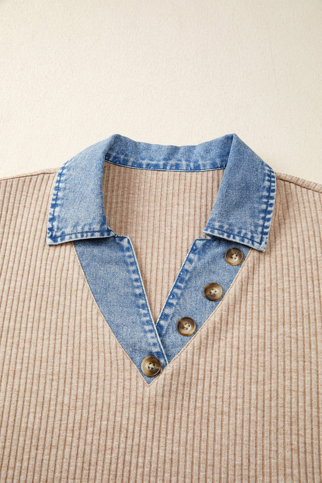 Denim Patchwork Ribbed Knit Collared Blouse